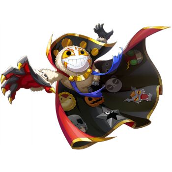 bandai belt cape claws digimon digimon_(creature) digimon_new_century full_body grin jumping lianpumon mask mechanical_arms monkey monster no_humans official_art print_cape simple_background smile solo teeth