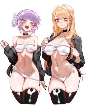 2girls absurdres bare_shoulders bikini black_choker black_jacket black_nails black_thighhighs blonde_hair blue_eyes blunt_bangs blush braid braided_hair_rings breasts choker closed_mouth commentary cropped_legs embarrassed english_commentary fang foolish_potato hair_rings highleg highleg_bikini highres jacket kitagawa_marin large_breasts long_hair long_sleeves looking_at_viewer medium_breasts multiple_girls nail_polish nanakusa_nazuna_(yofukashi_no_uta) navel off_shoulder open_clothes open_jacket open_mouth pink_eyes purple_hair ringed_eyes season_connection shiny_clothes shiny_skin side-tie_bikini_bottom sidelocks simple_background sleeves_pushed_up smile sono_bisque_doll_wa_koi_wo_suru strapless strapless_bikini sweat swimsuit thighhighs very_long_fingernails very_long_hair white_background white_bikini yofukashi_no_uta