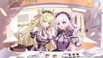 Rule 34 | 2girls, :d, animal ears, antlers, arm belt, assault lily, bare shoulders, belt, belt buckle, black belt, black dress, black ribbon, blonde hair, blue eyes, blush, bow, bowl, braid, breasts, brooch, buckle, cabinet, cake, chocolate, chocolate making, clothing cutout, collared dress, commentary request, copyright notice, covered navel, cupcake, deer ears, detached sleeves, double bun, dress, feeding, food, frilled shirt collar, frilled sleeves, frilled wrist cuffs, frills, hair bow, hair bun, hairband, halter dress, halterneck, hand up, hands up, highres, holding, holding bowl, holding chocolate, holding food, horns, indoors, jewelry, kemonomimi mode, ladle, light particles, long hair, looking at another, looking at food, maid, maid headdress, medium breasts, mixing bowl, miyagawa takane, multiple girls, neck ribbon, necktie, ninoro (6p 74), official alternate costume, official alternate hairstyle, official art, open mouth, pink bow, pink hairband, purple bow, purple dress, purple eyes, reindeer antlers, ribbon, short necktie, short sleeves, shoulder cutout, side-by-side, side braid, single braid, smile, spatula, standing, tamba akari, towel, two-tone dress, upper body, very long hair, whisk, white belt, wrist cuffs