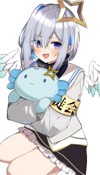 1girl :3 :d amane_kanata amane_kanata_(1st_costume) angel angel_wings animal animal_hug armband axolotl black_skirt blue_hair blue_wings blush bob_cut commentary feathered_wings frilled_skirt frills from_side furrowed_brow gradient_wings halo highres holding holding_animal hololive long_sleeves looking_at_viewer looking_to_the_side mini_wings multicolored_hair multicolored_wings open_mouth pink_hair punikasu purple_eyes sailor_collar school_uniform shirt short_hair sidelocks simple_background skirt smile solo squatting star_halo streaked_hair translated virtual_youtuber white_background white_hair white_sailor_collar white_shirt white_wings wings yellow_armband