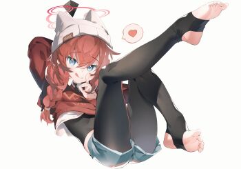 1girl :q animal_ear_headwear animal_ears arm_behind_head b_zhan_cm_yang black_bodysuit black_pantyhose blue_archive blue_eyes bodysuit braid commentary_request dark_background fake_animal_ears feet finger_to_mouth floating grey_headwear grey_shorts halo heart highres index_finger_raised legs legs_up looking_at_viewer low_twin_braids maki_(blue_archive) maki_(camp)_(blue_archive) no_shoes official_alternate_costume official_alternate_hairstyle pantyhose print_shirt red_halo red_shirt shirt short_shorts shorts shushing simple_background soles solo space spoken_heart stirrup_legwear thighs toeless_legwear toes tongue tongue_out twin_braids white_background