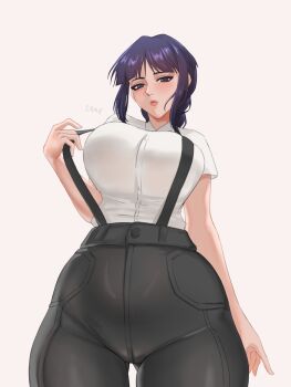 1girl bleach breasts closed_mouth female_focus highres kurotsuchi_nemu large_breasts light_blush lips long_hair monaru03 pants purple_hair simple_background suspenders