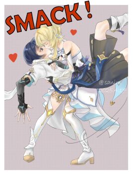 1boy 1girl arm_around_shoulder arm_cutout armor armpit_crease black_bodysuit black_bridal_gauntlets black_gloves black_hair black_shorts blonde_hair blue_sleeves blue_trim blunt_ends body_markings bodysuit border breasts bridal_gauntlets cleavage closed_eyes clothing_cutout colored_eyelashes commentary couple dated detached_sleeves dress english_commentary eyelashes eyeliner eyeshadow facing_another feather_hair_ornament feathers furisode genshin_impact gloves glowing_markings gold_ring gold_shoes gold_trim grey_eyes hair_ornament hakama hakama_shorts halterneck hand_on_another's_back hetero high_heels highres hug japanese_armor japanese_clothes kimono kiss kote kurokote layered_sleeves leg-sweeping_smack_(meme) leg_warmers looking_at_another lumine_(genshin_impact) makeup meme middle_ring open_hand partially_fingerless_gloves pigeon-toed pleated_shorts red_eyeliner red_eyeshadow sanim12607849 scaramouche_(genshin_impact) scarf shoes short_hair short_hair_with_long_locks short_sleeves shorts sidelocks sound_effects tareme tassel thighhighs twitter_username vambraces wanderer_(genshin_impact) white_border white_dress white_feathers white_kimono white_leg_warmers white_scarf white_sleeves white_thighhighs