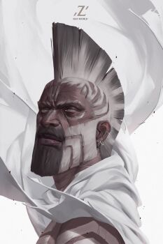 1boy beard character_name cloak commentary dark-skinned_male dark_skin earrings english_commentary english_text facial_hair grey_eyes highres jewelry male_focus mohawk original patrick_ganas portrait solo white_background white_cloak