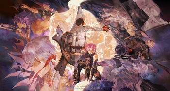 4girls 6+boys anniversary armor armored_boots armored_leotard ascot back-to-back bare_shoulders bhima_(fate) black_armor black_coat black_gloves black_hair black_hat black_jacket black_leotard black_pants black_shirt boots caenis_(fate) closed_mouth coat command_spell dark-skinned_male dark_skin duryodhana_(fate) earrings edmond_dantes_(fate) elbow_gloves emiya_shirou facial_hair fate/grand_order fate_(series) flag fujimaru_ritsuka_(male) fujimaru_ritsuka_(male)_(decisive_battle_chaldea_uniform) gauntlets gloves goatee hair_between_eyes hair_over_eyes hair_ribbon hand_up hat headless headpiece hessian_(fate) high_heel_boots high_heels highres holding holding_shield holding_sword holding_weapon jacket jeanne_d'arc_alter_(avenger)_(fate) jeanne_d'arc_alter_(fate) jewelry kalak_39 kama_(adult)_(fate) kama_(assassin)_(third_ascension)_(fate) kama_(fate) kama_(third_ascension)_(fate) la_grondement_du_haine leotard lobo_(fate) long_hair long_sleeves looking_ahead looking_at_viewer looking_down lord_camelot_(fate) mash_kyrielight mash_kyrielight_(demi-servant) multiple_boys multiple_girls necklace on_one_knee open_mouth outstretched_arm pants pixiv_id purple_eyes purple_hair red_ascot red_eyes red_ribbon ribbon riding riding_animal senji_muramasa_(fate) shi_huang_di_(fate) shield shirt short_hair short_sleeves smile standing sword teeth tezcatlipoca_(fate) tezcatlipoca_(first_ascension)_(fate) thigh_boots twitter_username waist_cape weapon white_hair white_jacket white_pants wolf