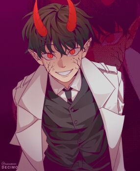 1boy :d black_hair black_necktie black_vest coat collared_shirt colored_veins demon_horns evil_grin evil_smile from_above grin highres horns kim_dokja looking_at_viewer male_focus nadardoh necktie official_alternate_costume omniscient_reader&#039;s_viewpoint open_clothes open_coat open_mouth red_eyes shirt short_hair slit_pupils smile solo vest white_coat white_shirt zoom_layer