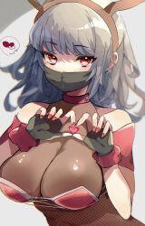 Rule 34 | 1girl, animal ears, bikini, black gloves, black mask, bodystocking, breasts, brown hairband, cleavage, earrings, fake animal ears, fingerless gloves, gloves, grey hair, hairband, heart, heart hands, highres, jewelry, large breasts, long hair, mask, mouth mask, na (niruo3), original, red bikini, red eyes, red nails, see-through, see-through cleavage, solo, swimsuit, upper body
