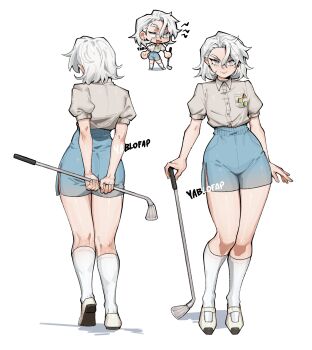 1girl absurdres alohapz ass blue_shorts brown_shirt chibi closed_mouth collared_shirt golf_club grey_eyes grey_hair highres holding holding_golf_club kneehighs looking_at_viewer open_mouth original shirt shoes short_hair short_sleeves shorts simple_background socks solo white_background white_shoes white_socks