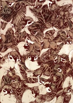 animal animal_focus bird black_eyes flock hatching_(texture) highres huddle monochrome no_humans original sparrow tonbippo08 too_many too_many_birds