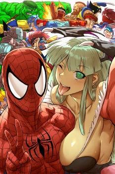 2girls 6+boys animal_print bare_shoulders battle black_leotard blonde_hair blood blue_eyes bodysuit breast_press breasts capcom captain_america captain_america_(series) cellphone_photo character_request cleavage collarbone cyberbots demon_girl demon_wings fur-trimmed_legwear fur_trim gambit green_eyes green_hair haraya_manawari head_wings highres hulk injury iron_man_(series) large_breasts leotard long_hair looking_at_another looking_at_viewer marvel marvel_vs._capcom mask mega_man_(character) mega_man_(classic) mega_man_(series) morrigan_aensland mouth_mask multiple_boys multiple_girls ninja one_eye_closed open_mouth punching red_bodysuit red_mask roll_(mega_man) ryu_(street_fighter) saotome_jin selfie shoulder_cannon spider-man spider-man_(series) spider_print spider_web_print street_fighter strider_(video_game) strider_hiryuu teeth tongue tongue_out upper_teeth_only v vampire darkstalkers war_machine wings wink wolverine_(x-men) x-men zangief