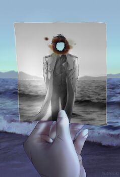 Rule 34 | 1boy, 1other, absurdres, beach, burnt paper, censored, censored identity, hashtag-only commentary, highres, holding, holding photo, kim dokja, male focus, mountainous horizon, multiple scars, omniscient reader's viewpoint, outdoors, photo (object), pov, pov hands, scar, scar on hand, shore, yoo joonghyuk, yu shiro ki