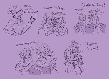 ! 6+girls ahoge professor_juniper ayaka_(genshin_impact) beidou_(genshin_impact) blush breasts choker cleavage commentary crossed_arms dashingicecream earrings english_commentary english_text fingerless_gloves ganyu_(genshin_impact) genshin_impact glasses gloves glynda_goodwitch hair_bun heart highres horns hug jacket jewelry keqing_(genshin_impact) large_breasts lineart long_hair long_sleeves looking_at_viewer lumine_(genshin_impact) multiple_girls ningguang_(genshin_impact) nintendo one_eye_closed open_clothes open_jacket open_mouth poke_ball pokemon pokemon_bw ponytail rwby scarf smile teeth yang_xiao_long yuri