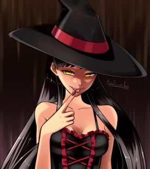 1girl absurdres amagi_yukiko arm_at_side armpit_crease artist_name bare_shoulders black_hair black_shirt blood blood_from_mouth blunt_bangs breasts brown_background commentary cross-laced_clothes cross-laced_top english_commentary fingernails halloween_costume hand_up hat highres lace lace-trimmed_shirt lace_trim large_hat licking licking_finger long_fingernails long_hair looking_at_viewer master_sick_art medium_breasts nail_polish open_mouth persona persona_4 portrait red_nails shadow_(persona) shadow_yukiko shirt sleeveless sleeveless_shirt solo spaghetti_strap teeth tongue tongue_out upper_teeth_only witch_hat yellow_eyes