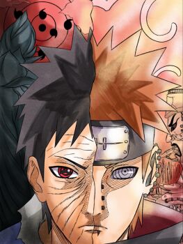 2boys black_hair black_headband brentonsart commentary ear_piercing earrings english_commentary face_piercing facial_scar forehead_protector frown headband highres jewelry male_focus mangekyou_sharingan multiple_boys naruto_(series) naruto_shippuuden nose_piercing orange_hair pain_(naruto) piercing red_eyes rinne_sharingan rinnegan scar scar_on_cheek scar_on_face scar_on_forehead sharingan shinju_(naruto) split_screen uchiha_obito