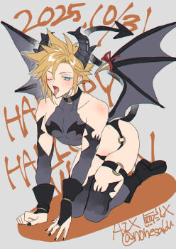 1boy all_fours alternate_costume animal_print bat_print black_boots black_gloves black_nails black_thighhighs black_wings blonde_hair blue_eyes blush boots cloud_strife collar commentary_request cropped_shirt crossdressing crossdressing_(mtf) dated demon_costume demon_horns demon_tail demon_wings fang final_fantasy final_fantasy_vii gloves halloween halloween_costume happy_halloween highres horns male_focus none_(kameko227) one_eye_closed open_mouth pectorals red_ribbon revealing_clothes ribbon see-through_clothes see-through_shirt shirt short_hair shoulder_blush tail thighhighs thighs tongue tongue_out twitter_username wings
