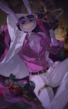 Rule 34 | 1boy, alcohol, animal ears, banknote, belt, belt buckle, black gloves, bracelet, brown belt, buckle, cigarette, collarbone, colored skin, colored teeth, commentary, eyewear on head, feet out of frame, formal clothes, glass bottle, gloves, gold bracelet, gold choker, gold necklace, gold ring, grin, hands up, highres, holding, holding cigarette, ice, ice cube, jax (the amazing digital circus), jewelry, knee up, long sleeves, looking at viewer, money, multiple rings, necklace, pants, partially unbuttoned, pearl necklace, pill, pink shirt, purple skin, rabbit boy, rabbit ears, ring, shirt, sitting, sleeves rolled up, smile, smoke, smoking, solo, striped clothes, striped pants, suit, sunglasses, table, the amazing digital circus, untranslatable commentary, unworn jewelry, unworn necklace, vertical-striped clothes, vertical-striped pants, vertical-striped suit, watch, whiskey, white pants, white suit, xiaowu nora, yellow eyes, yellow teeth