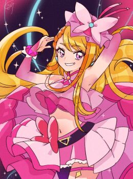 1girl arm_behind_head arms_up artist_name bad_id bad_twitter_id belt black_belt blonde_hair bow braid braided_bangs bridal_gauntlets brooch butterfly_hat_ornament commentary cowboy_shot cropped_shirt cure_butterfly earrings elbow_gloves frilled_shirt frills gloves grin hat hat_ornament highres hijiri_ageha hirogaru_sky!_precure jewelry long_hair looking_at_viewer magical_girl microskirt midriff mob_cap multicolored_hair navel orange_hair pantyhose pink_gloves pink_hat pink_shirt pink_skirt pleated_skirt precure purple_eyes purple_pantyhose red_bow shirt showgirl_skirt signature single_leg_pantyhose skirt skirt_bow sleeveless sleeveless_shirt smile solo sparkle standing thigh_strap tilted_headwear tmur2022 two-tone_hair very_long_hair wing_brooch