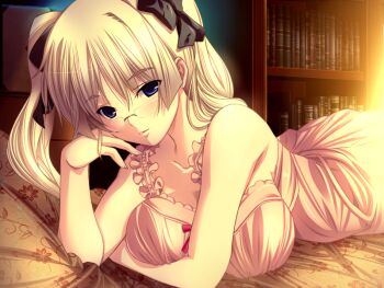 1girl bare_arms bed bed_sheet blonde_hair blue_eyes breasts dress frilled_dress frills game_cg glasses large_breasts long_hair looking_at_viewer m&amp;m_(mickey_and_mackey) magical_witch_concerto nathalia_effenberg nightgown pink_nightgown smile solo twintails
