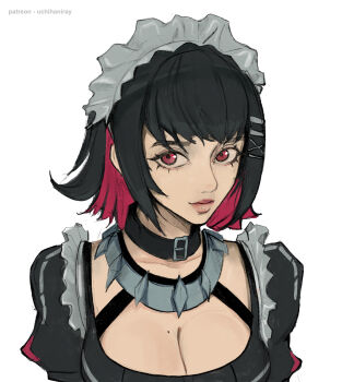 1girl absurdres artist_name black_collar black_dress black_hair breasts cleavage closed_mouth collar colored_inner_hair commentary dress ellen_joe english_commentary frilled_dress frills hair_ornament highres large_breasts lips looking_at_viewer maid maid_headdress mole mole_on_breast multicolored_hair nose patreon_username puffy_sleeves red_eyes short_hair short_sleeves simple_background solo two-tone_hair uchihaniray upper_body white_background x_hair_ornament zenless_zone_zero