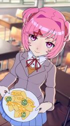 1girl 1other amplected animated audible_speech blue_shirt blue_skirt blush breasts cheese chili_pepper classroom doki_doki_literature_club doki_doki_literature_club_school_uniform eating english_audio food hair_ornament hairclip highres indoors jalapeno_pepper nachos natsuki_(doki_doki_literature_club) pink_eyes pink_hair ranguage school_uniform shirt short_hair skirt small_breasts sound squirting_liquid tagme twintails video
