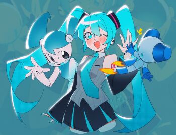 2girls android arm_tattoo artist_name bare_shoulders blue_background blue_eyes blue_hair blush colored_skin commentary detached_sleeves english_commentary firemauer floating hair_ornament hand_up hatsune_miku hatsune_miku_(vocaloid6) highres jenny_wakeman long_hair multiple_girls my_life_as_a_teenage_robot nail_polish necktie one_eye_closed open_mouth pleated_skirt robot robot_girl rocket_boots shirt signature skirt sleeveless sleeveless_shirt smile tattoo thighhighs twintails twitter_username vocaloid white_skin zettai_ryouiki
