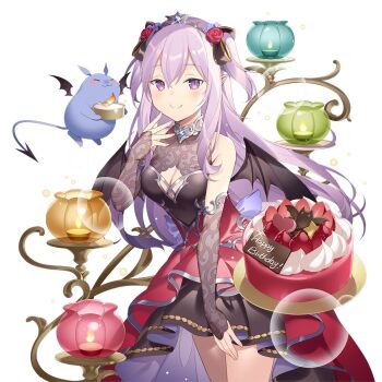 1girl bat_wings birthday_cake breasts cake closed_mouth demon dress elbow_gloves food gloves lantern long_hair medium_breasts miss_barbara purple_dress purple_eyes purple_gloves purple_hair rie_(reverie) tiara uchi_no_hime-sama_ga_ichiban_kawaii wings