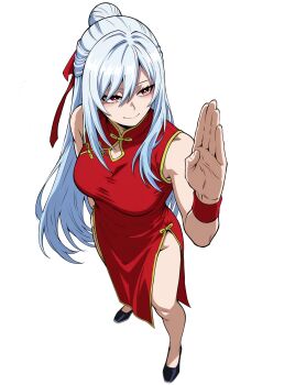 1girl absurdres alternate_costume black_shoes blue_hair breasts china_dress chinese_clothes commentary dress full_body hair_between_eyes hand_up highres honkai:_star_rail honkai_(series) jingliu_(honkai:_star_rail) kokoro_no_koibito light_smile long_hair medium_breasts red_eyes red_ribbon ribbon shoes sleeveless very_long_hair white_background wristband