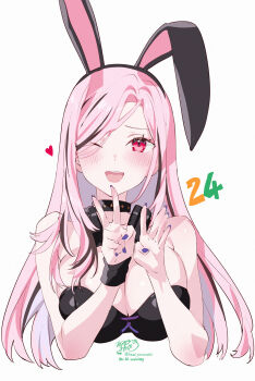 1girl :d absurdres animal_ear_hairband animal_ears black_choker black_streaks black_tube_top blush breasts choker cleavage cropped_torso fake_animal_ears finger_counting hairband highres hololive hololive_english kamiya_maneki large_breasts long_hair mori_calliope mori_calliope_(rock_bunny) multicolored_hair official_alternate_costume official_alternate_hairstyle one_eye_closed open_mouth parted_bangs pink_hair purple_nails rabbit_ear_hairband rabbit_ears red_eyes signature smile solo straight-on strapless streaked_hair studded_choker teeth tube_top twitter_username upper_teeth_only virtual_youtuber white_background