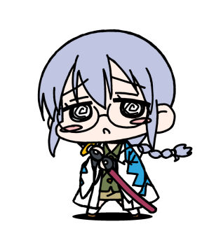 1girl @_@ armor blue_haori blush_stickers braid braided_ponytail brown_skirt chibi chibi_only collared_shirt commentary_request glasses green_shirt grey_hair gyousatsu_shinsengumi haori holding holding_sword holding_weapon japanese_armor japanese_clothes katana kote long_hair long_sleeves looking_at_viewer nervous okita_suzune sheath sheathed shinsengumi shirt simple_background skirt solo standing sword weapon white_background yagumo_kengou