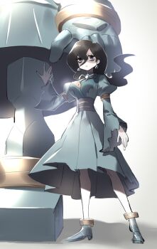 1girl aqua_dress black_hair breasts commentary corset dress earrings gen_5_pokemon ghost golurk grey_corset grey_ribbon hair_between_eyes hex_maniac_(pokemon) hex_maniac_(pokemon_legends:_z-a) jewelry juliet_sleeves large_breasts large_earrings long_hair long_sleeves neck_ribbon nintendo pokemon pokemon_(creature) pokemon_legends:_z-a puffy_sleeves purple_eyes raine_(acke2445) ribbon size_difference sphere_earrings symbol-only_commentary