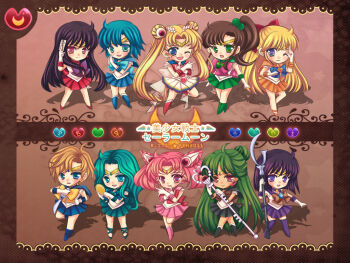 10s 1990s_(style) 2011 6+girls ;d ahoge aino_minako aqua_eyes bishoujo_senshi_sailor_moon bishoujo_senshi_sailor_moon_s black_hair black_neckwear blonde_hair blue_bow blue_eyes blue_footwear blue_hair blue_sailor_collar blue_skirt boots bow brooch brown_background brown_bow brown_hair chibi chibi_usa child choker cone_hair_bun deep_aqua_mirror double_bun earrings elbow_gloves fch2009 full_body garnet_rod glaive_(polearm) gloves green_boots green_eyes green_hair green_skirt hair_bobbles hair_bun hair_ornament hairpin half_updo heart heart_brooch high_ponytail hino_rei holding holding_polearm holding_spear holding_weapon jewelry kaiou_michiru kino_makoto knee_boots long_hair magical_girl mars_symbol meiou_setsuna mercury_symbol mirror mizuno_ami multicolored_skirt multiple_girls ofuda one_eye_closed open_mouth orange_skirt pink_boots pink_bow pink_hair pleated_skirt polearm ponytail purple_bow purple_eyes purple_footwear red_bow red_eyes red_skirt retro_artstyle ribbon sailor_chibi_moon sailor_collar sailor_jupiter sailor_mars sailor_mercury sailor_moon sailor_neptune sailor_pluto sailor_saturn sailor_senshi sailor_uranus sailor_venus shoes short_hair silence_glaive single_hair_bun skirt smile space_sword spear staff standing standing_on_one_leg super_sailor_moon sword ten&#039;ou_haruka thighhighs tiara tomoe_hotaru tsuki_ni_kawatte_oshioki_yo tsukino_usagi twintails venus_symbol very_long_hair weapon white_gloves wink yellow_bow