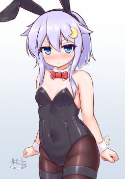 1girl animal_ears bare_shoulders black_pantyhose blue_eyes blush breasts cleavage crescent crescent_hair_ornament embarrassed fake_animal_ears gradient_background grey_background hair_between_eyes hair_ornament highres kantai_collection leotard looking_at_viewer pantyhose playboy_bunny purple_hair rabbit_ears short_hair short_hair_with_long_locks small_breasts solo strapless strapless_leotard thighband_pantyhose wrist_cuffs yayoi_(kancolle) zanne