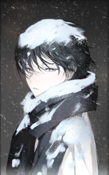 1boy absurdres black_hair black_scarf commentary_request gj9158 grey_eyes highres kim_dokja male_focus omniscient_reader&#039;s_viewpoint parted_lips scarf short_hair snow snow_on_clothes snowing solo upper_body winter