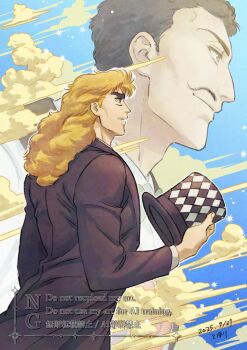 Rule 34 | 2boys, argyle clothes, argyle hat, black coat, black hair, blonde hair, cloud, coat, dated, facial hair, green eyes, hat, highres, holding, holding unworn clothes, holding unworn hat, jojo no kimyou na bouken, long hair, male focus, multiple boys, mustache, phantom blood, robert e. o. speedwagon, short hair, sky, smile, top hat, under under 01, unworn hat, unworn headwear, will anthonio zeppeli