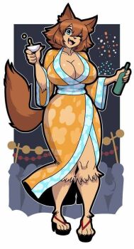 1girl alcohol animal_ears bare_legs blue_eyes bottle breasts brown_hair cleavage cup dog_ears dog_tail fang festival fireworks furry hair_between_eyes holding hypfoo japanese_clothes jpeg_artifacts kimono large_breasts long_sleeves looking_at_viewer monster_girl monster_musume_no_iru_nichijou one_eye_closed open_mouth polt sandals sharp_nails short_hair solo_focus standing tail wide_sleeves