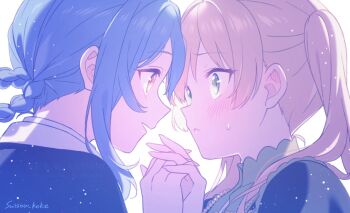 Rule 34 | 2girls, backlighting, blonde hair, blue hair, blush, braid, braided hair rings, commentary request, eye contact, face-to-face, from side, hair rings, holding hands, long hair, looking at another, mahou shoujo no majo saiban, multiple girls, open mouth, short hair, simple background, smile, suisou koke, sweatdrop, tachibana sherry, tono hanna, twintails, upper body, white background, yellow eyes, yuri