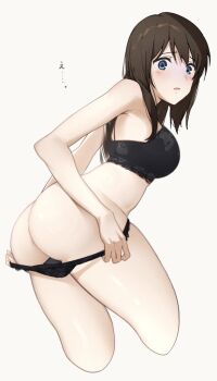 Rule 34 | 1girl, ass, black bra, black hair, black panties, blue eyes, blush, bra, breasts, butt crack, cropped legs, from side, hibike! euphonium, kuroe mayu, lace, lace bra, lace panties, large breasts, leaning forward, lie lack1080, long hair, looking at viewer, paid reward available, panties, panty pull, parted lips, simple background, solo, thighs, underwear, underwear only, white background