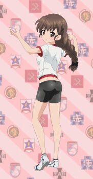 1girl anzio_(emblem) arms_up ass bike_shorts black_ribbon black_shorts blouse blurry blurry_background braid braided_ponytail brown_eyes brown_hair closed_mouth commentary cosplay derivative_work diagonal_stripes emblem female_focus full_body girls_und_panzer girls_und_panzer_senshadou_daisakusen! gym_shirt gym_uniform hair_ornament hair_ribbon hairclip hell highres isobe_noriko isobe_noriko_(cosplay) kuromorimine_(emblem) light_frown long_hair looking_at_viewer midriff no_socks ooarai_(emblem) parody parted_lips pink_background pravda_(emblem) ribbon rukuriri_(girls_und_panzer) saunders_(emblem) shirt shoes short_shorts short_sleeves shorts single_braid sneakers solo st._gloriana's_(emblem) standing striped_background t-shirt tanutika white_shirt white_shoes