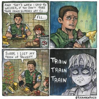 ... 1boy 1girl absurdres artist_name bandana black_gloves bread bread_slice brown_hair chris_redfield commentary earrings english_commentary fingerless_gloves food gloves highres holding holding_knife jewelry knife rebecca_chambers red_bandana resident_evil resident_evil_0 resident_evil_1 rhiannon_kagoe sandwich speech_bubble