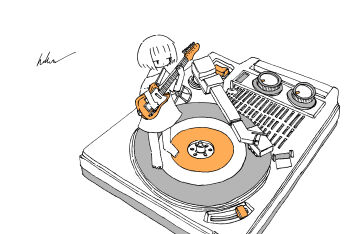 Rule 34 | 1girl, absurdres, barefoot, commentary, electric guitar, greyscale, guitar, highres, holding, holding guitar, holding instrument, instrument, kaduise, mini person, minigirl, monochrome, original, oversized clothes, oversized shirt, phonograph, shirt, short hair, signature, spot color, standing, vinyl record