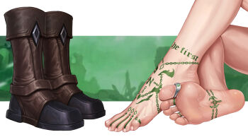 1girl anklet barefoot boots brown_footwear close-up feet foot_focus greek_toe highres jewelry liang_mu out_of_frame soles toe_ring toenails toes unworn_boots