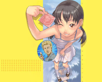 00s 1girl black_hair brad_kid bradkidd brown_eyes condom condom_wrapper female_focus flat_chest hot life_is_peachy? loli naughty_face one_eye_closed onizuka_naoshi panties pantyshot pantyshot_through_reflection propositioning reflection see-through_clothes solo sweat third-party_edit thumbs_up underwear wet wet_clothes wink yakitate!!_japan