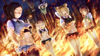 10s 5girls animal_ears arai29 ball_gag blonde_hair bound breasts broom burning burning_at_the_stake burnt_clothes dutch_angle eyepatch closed_eyes fire gag gagged glasses green_hair hat katsura_kotetsu kazari_rin kuraishi_tanpopo large_breasts medium_breasts menowa_mei multiple_girls navel peril skirt tied_up underwear utsugi_kanna white_hair witch witch_craft_works witch_hat