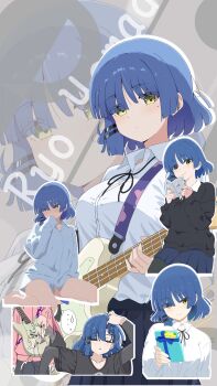 1girl blue_hair blush bocchi_the_rock! breasts character_name electric_guitar gift guitar high_collar highres holding holding_guitar holding_instrument instrument large_breasts looking_to_the_side multiple_views no_pants shirt short_hair sitting sleeves_past_wrists solo tented_shirt upper_body wariza white_shirt yamada_ryo yellow_eyes