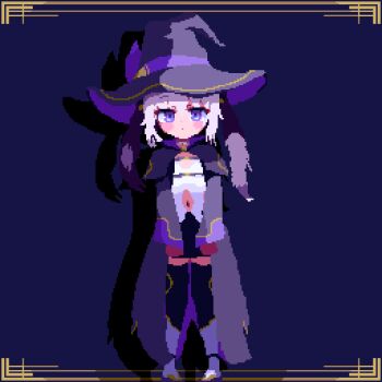 1girl animated animated_gif birdman46049238 black_cloak black_hat black_skirt black_thighhighs blush_stickers boots choker cloak closed_mouth clothing_cutout dot_mouth full_body hat hat_ribbon long_hair long_sleeves looking_at_viewer navel_cutout original pencil_skirt pixel_art purple_background purple_eyes purple_hair purple_ribbon ribbon shirt skirt solo thighhighs twintails white_boots white_choker white_shirt witch_hat