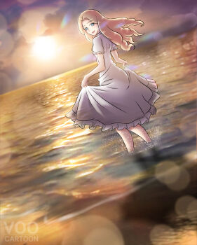 1girl absurdres artist_name beach blonde_hair blue_eyes blurry blush bokeh clothes_lift cloud cloudy_sky commentary depth_of_field dress dress_lift dutch_angle english_commentary frills from_behind full_body highres horizon long_hair looking_at_viewer looking_back marnie_(omoide_no_marnie) ocean omoide_no_marnie open_mouth outdoors shadow short_sleeves signature sky smile solo standing studio_ghibli sun sundress sunlight sunset very_long_hair voocartoon wading water white_dress