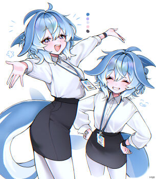 1girl :d ^^^ absurdres ahoge arms_up artist_name black_skirt blue_hair blush cetacean_tail closed_eyes collared_shirt color_guide delfi_(haze_(7h4ze)) dress_shirt fins fish_tail flipped_hair grin hands_on_own_hips haze_(7h4ze) highres id_card long_sleeves looking_at_viewer medium_hair multicolored_hair multiple_views office_lady open_mouth original outstretched_arms pantyhose parted_lips pencil_skirt purple_eyes shirt simple_background skirt smile tail two-tone_hair white_background white_hair white_pantyhose white_shirt wing_collar