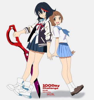 2girls betti_(xx_betti) black_hair blue_skirt brown_eyes brown_hair highres jacket kill_la_kill mankanshoku_mako matoi_ryuuko multicolored_hair multiple_girls open_mouth school_uniform serafuku short_hair skirt smile