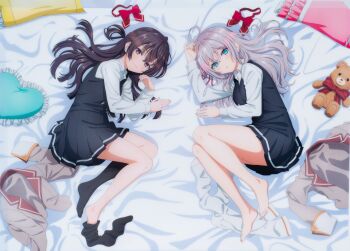 2girls absurdres ahoge alisa_mikhailovna_kujou barefoot black_hair black_socks blue_eyes bow bowtie closed_mouth collared_shirt commentary_request full_body grey_hair grey_jacket hair_ribbon heart heart-shaped_pillow highres jacket kneehighs long_hair long_sleeves looking_at_viewer lying multiple_girls official_art on_side pillow red_bow red_bowtie red_ribbon ribbon scan school_uniform shirt single_kneehigh single_sock skirt smile socks stuffed_animal stuffed_toy suou_yuki teddy_bear thighhighs third-party_source tokidoki_bosotto_roshia-go_de_dereru_tonari_no_alya-san unworn_bowtie unworn_jacket unworn_thighhighs white_shirt white_thighhighs