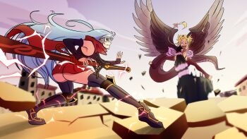 2girls akeno(itsnafulol) angry animayson ass bikini bikini_top_only blonde_hair blue_hair boots capella_emerada_lugnica city crazy_eyes crazy_smile debris fighting fighting_stance flesh_storage_bulbs hair_between_eyes hair_ornament hair_over_one_eye highres huge_ass lightning long_hair long_sword motion_blur motion_lines multiple_girls pink_eyes punching re:zero_kara_hajimeru_isekai_seikatsu red_eyes scarf short_hair skirt smile swimsuit sword tail thick_thighs thigh_boots thighhighs thighs weapon wings